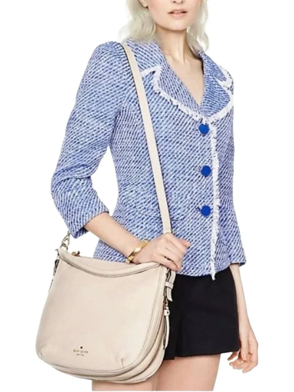 Kate Spade Cobble Hill Small Ella Hobo Bag Crossbody Strap Cream Pebbled Leather